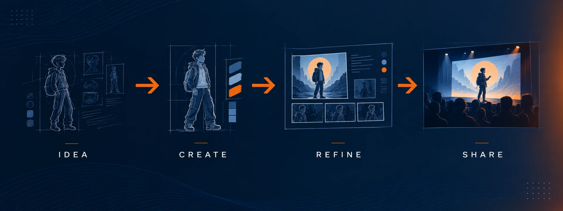 Creative workflow: Idea, Create, Refine, Share