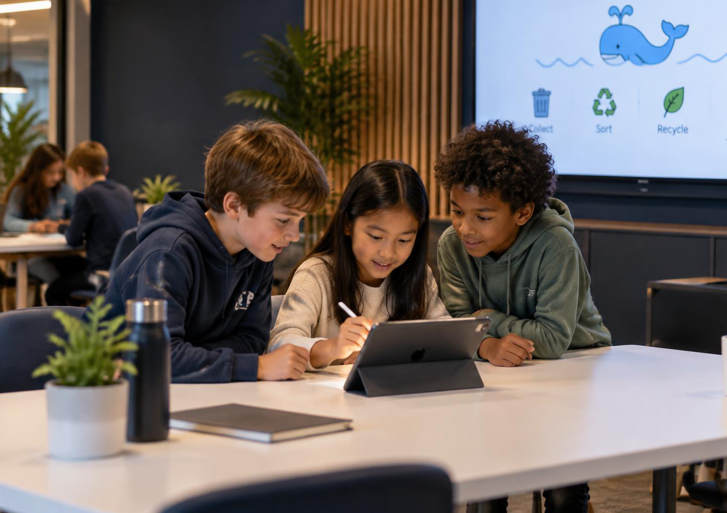 Children drawing and creating together on a tablet in a bright learning space